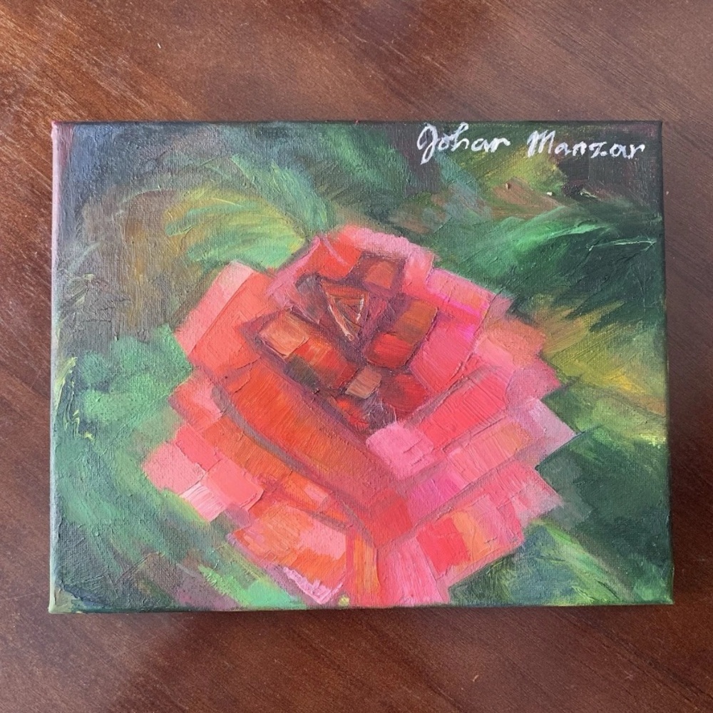 Original Oil Painting Canvas Wall Art Floral Rose Pink Red Green Leaves Flower